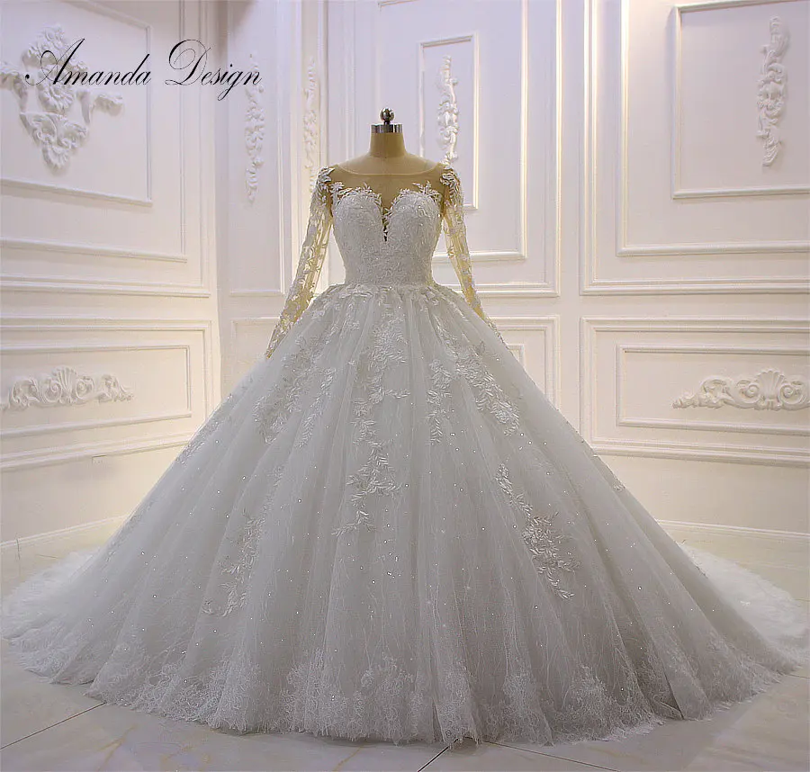 

Amanda Design vestido de casamento Long Sleeve Lace Applique Illusion Back Wedding Dress