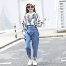 Свободные джинсы для девочек брюки на подтяжках синее повседневное бархатное платье с глубоким вырезом Осенние новые джинсовые комбинезоны Modis детская одежда брюки Y1782