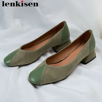 

Lenkisen woman brand genuine leather elegant pumps hot sale med heels square toe retro mixed colors streetwear dating shoes L02