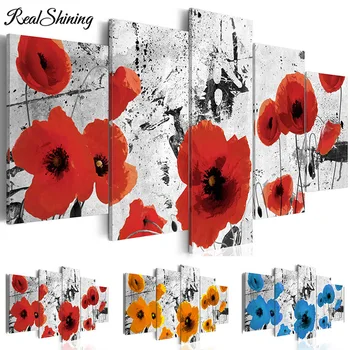 

5 pcs 5D Diy Diamond Painting Scarlet Flowers yellow blue red Diamond Embroidery full square round Cross Stitch Home Arts FS4785