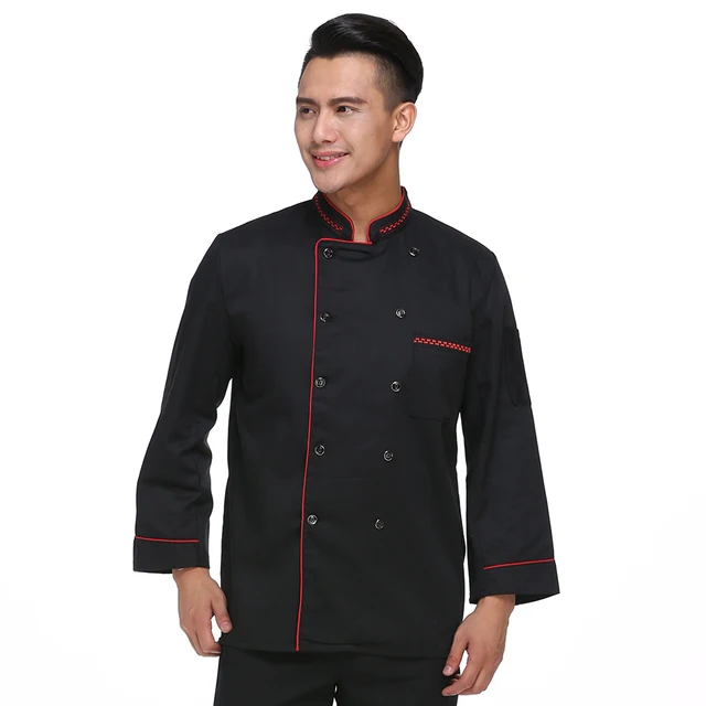 Nueva negro doble breasted de manga larga chef uniforme