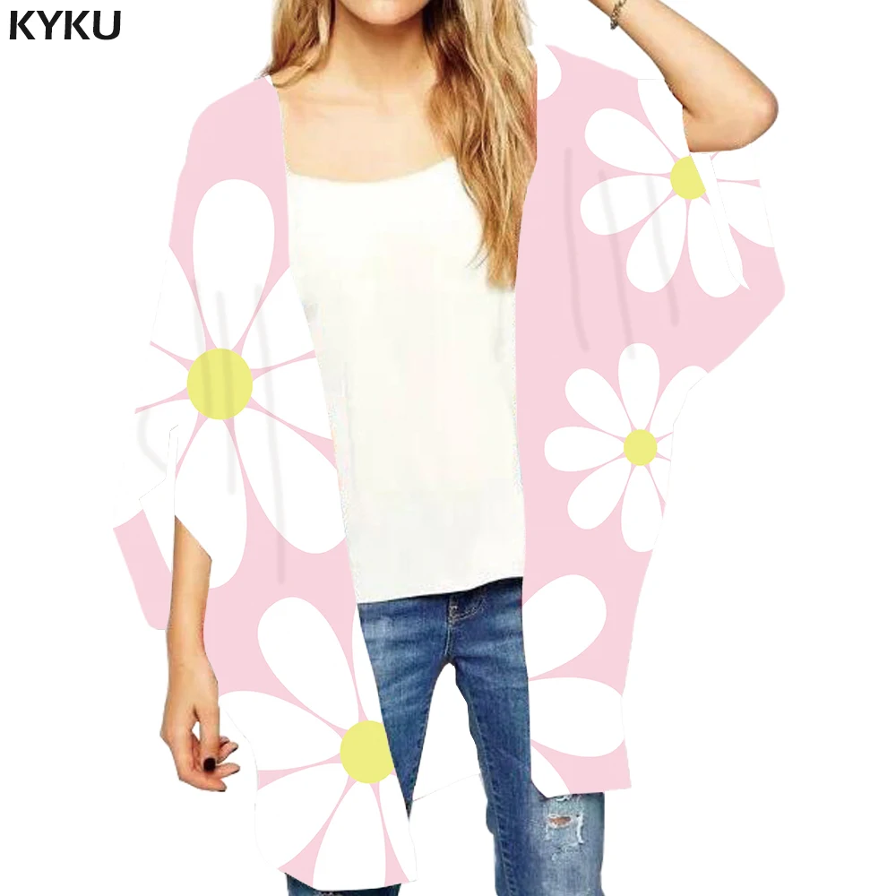 

KYKU Brand Flower Loose Kimono Women Pink Ladies Shawl Graffiti Sexy Art Shirts Harajuku Kimono Cardigan Womens Clothing