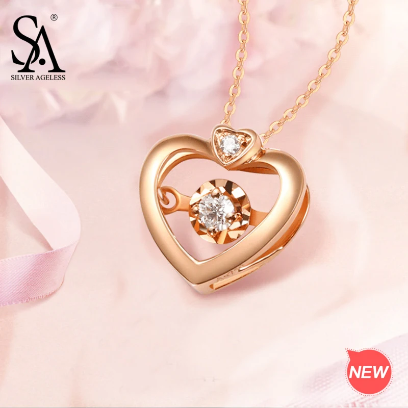 

SILVER AGELESS 18K Rose Gold Heart Pendant Necklaces for Woman Diamond Pendant Chain Link Necklaces Real Gold Jewelry