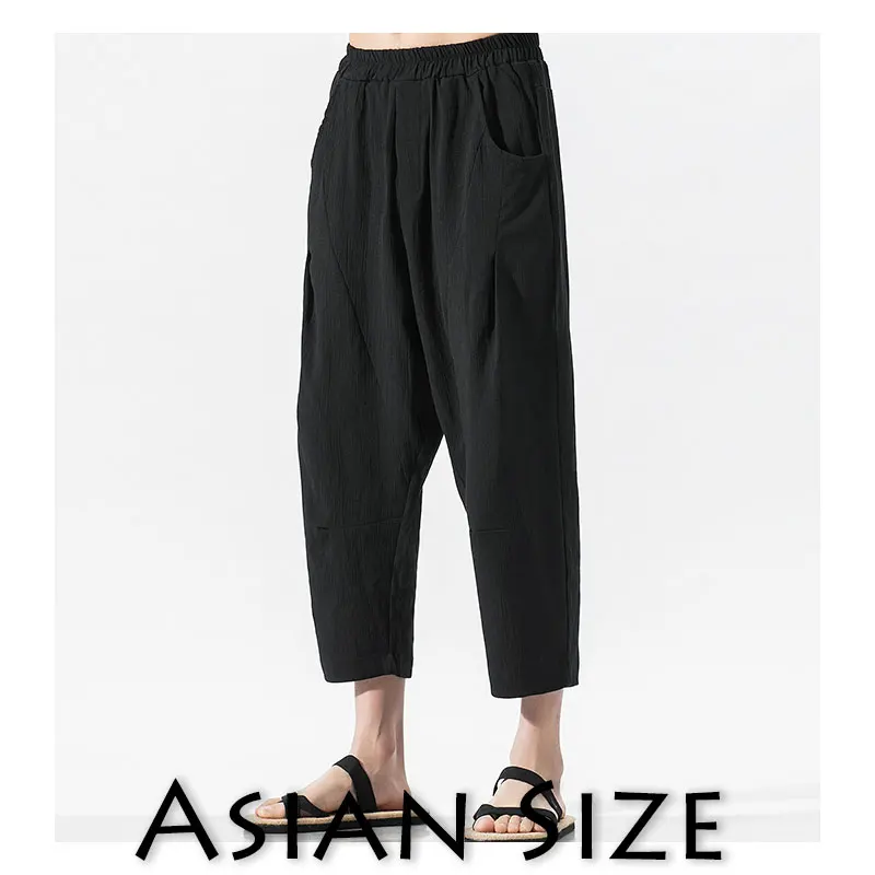 Магазин Sinicism мужские хлопковые льняные шаровары в китайском стиле, мужские летние модные укороченные брюки, мужские свободные штаны больших размеров - Цвет: Black(Asian Size)