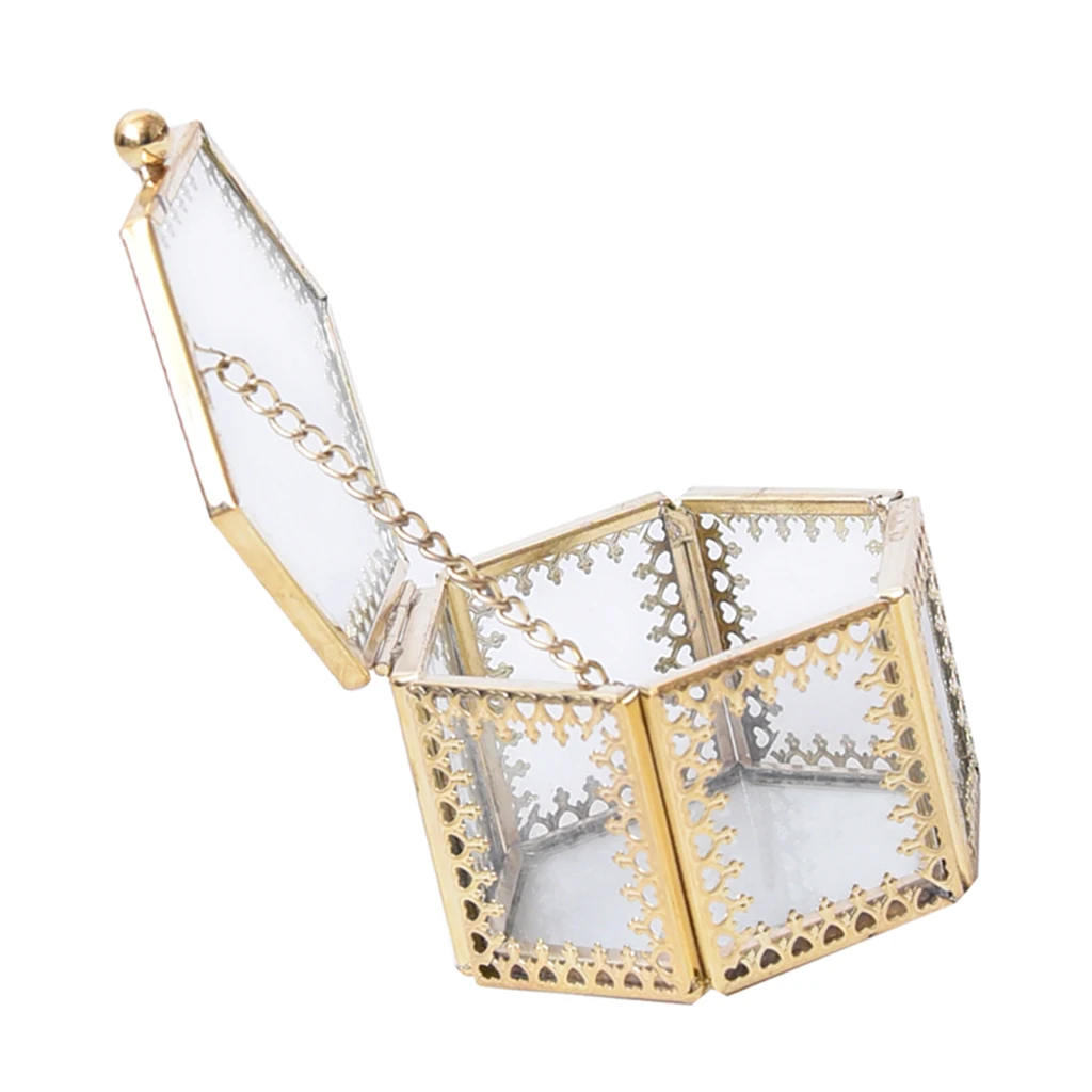 Transparent Mini Glass Hexagonal Shape Heart Jewelry Earring Ring Showcase Holder Box Wedding Party
