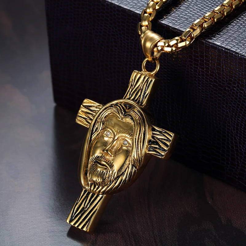 

Crucifix Cross Necklace Catholic Men's Pendant Vintage 4 Sizes Gold Color Stainless Steel Chain For Men Jewelry Jesus Piece