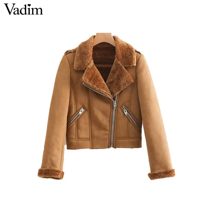 

Vadim women winter warm suede motorcycle jackets faul fur inside thick pockets long sleeve chic outerwear casual tops CA238
