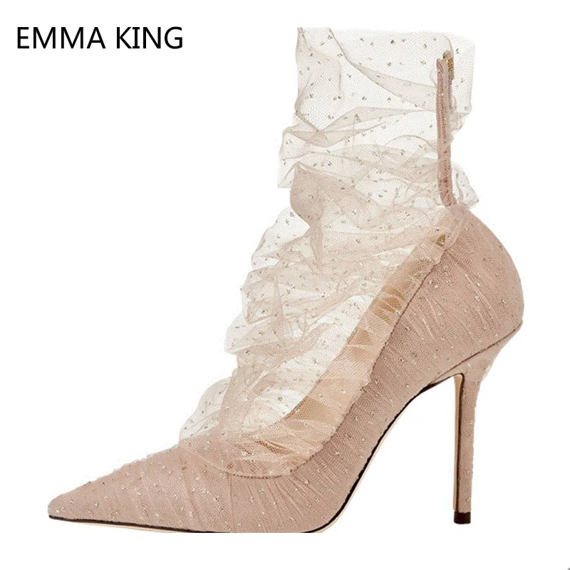 

Sexy Nude Heels Lace Stiletto Shoes Woman Pointed Toe Fashion Party Show Black Shallow Mouth Super High Heels Pumps Women