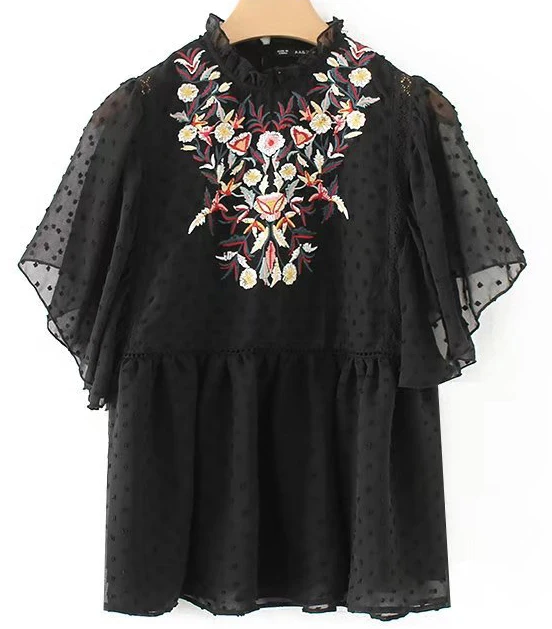 Summer Women Short Sleeve Floral Embroidery Black Jacquard Chiffon Tops And Blouses Camisas Blusas Blancas Femeninas |