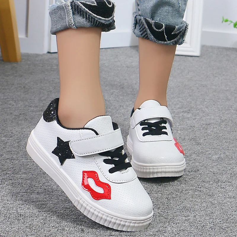 

Lovely Lip Sneakers for Children 2018 Unisex White Flat Girls Shoes Sequins New Student Casual Kids Boy Shoes Breathable B03221
