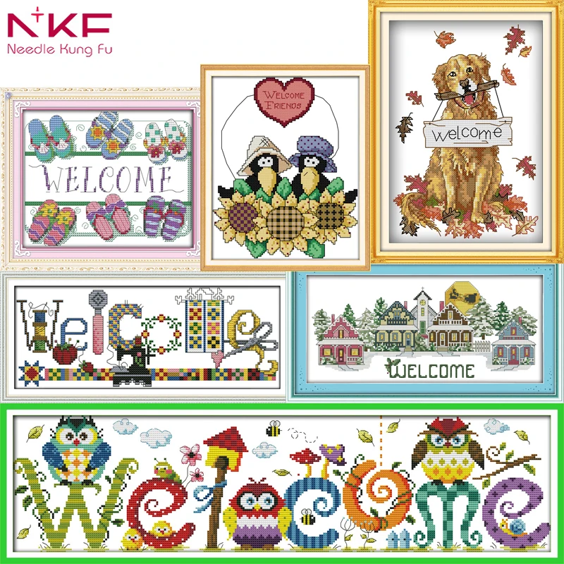 

NKF different kinds of Welcome stamped canvas aida fabric cotton dmc thread embroidery needlework for cross stitch kits