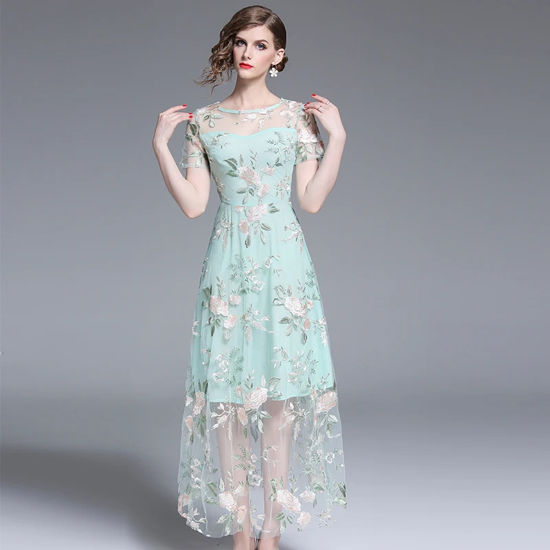 

High quality 2019 Arrival new heavy mesh embroidery Patchwork long section Light green Color Elegant Bodycon waist dress