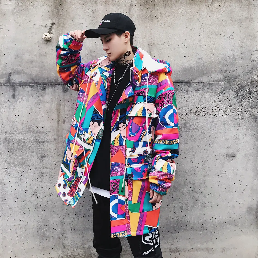 

2019 Spring Autrumn Jacket Japanese Street Doodle Men Thin Jackets Mens Hip Hop Hooded Jacket Coat US Size S-XXL