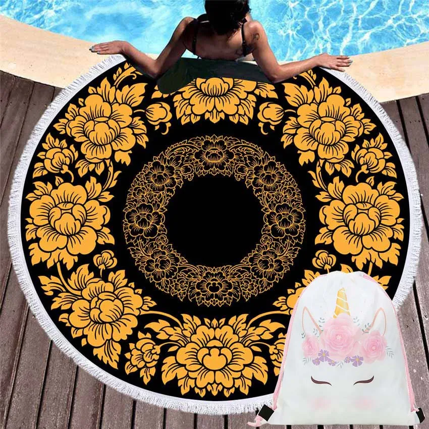 

Mandala Flowers Beach Towels Summer 150cm Round Sports Bath Towels Seaside With Drawstring Backpack Bag Bikini Cover Up Blanket