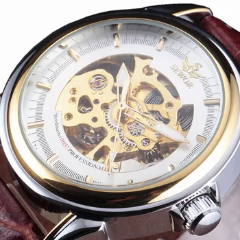 

2017 New Brand SEWOR Brown Leather Strap Skeleton Watch Men Clock Business Mechanical Automatic Fashion Wrist Watch Best Gift