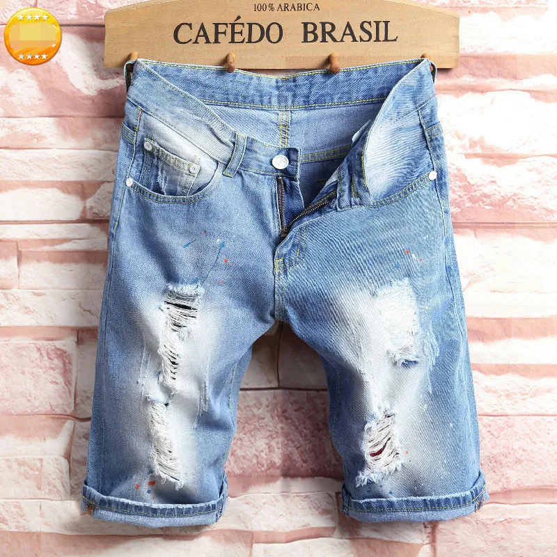 Мужские Стрейчевые Повседневные Легкие джинсовые шорты, мужские рваные потертые шорты со средней талией, мужские прямые хлопковые мягкие шорты AA51453