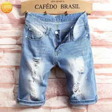 Мужские Стрейчевые Повседневные Легкие джинсовые шорты, мужские рваные потертые шорты со средней талией, мужские прямые хлопковые мягкие шорты AA51453