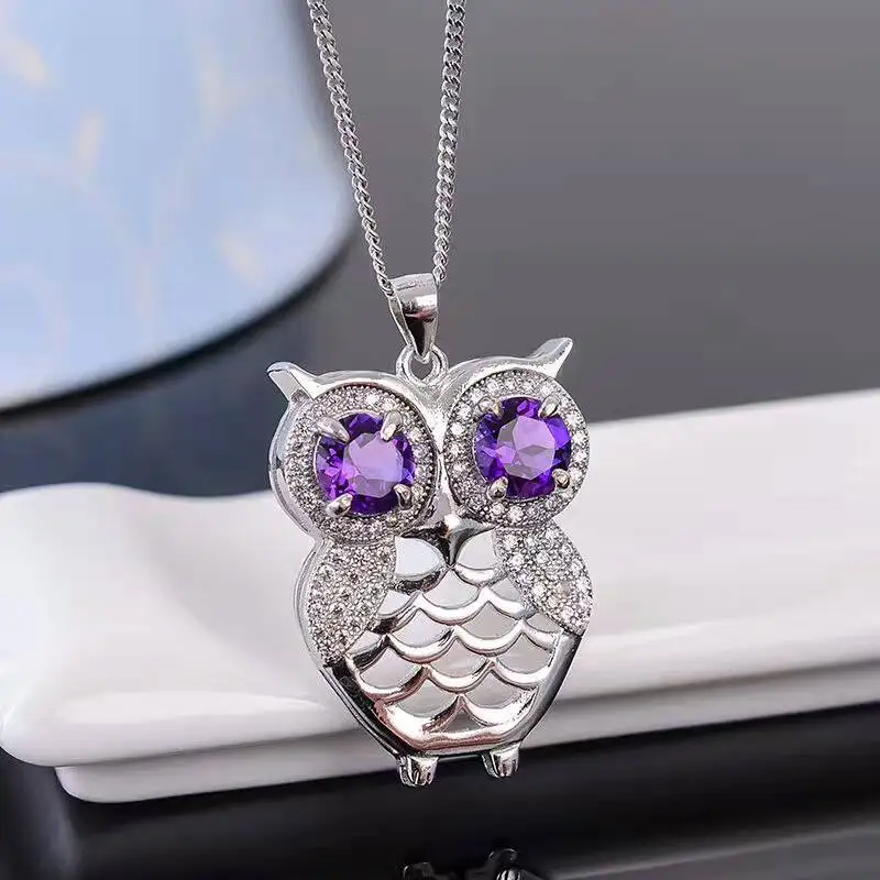 Cute owl necklace pendant inlay with 6mm natural amethyst pendant solid 925 silver owl fashion silver for girl