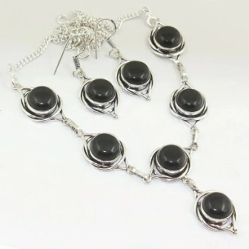 

Black Onyx Necklace Earing Silver Overlay over Copper, 50cm , N3119