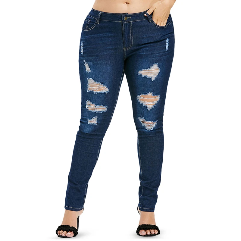 PlusMiss плюс Размеры 5XL 4XL пикантные узкие Рваные джинсы женский большой Размеры синий отверстие промывают джинсовые штаны Для женщин