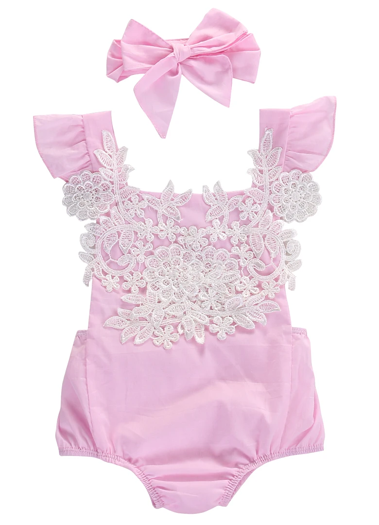 

Newborn Baby Girls Rompers Lace Floral Jumpsuit + Headband 2pcs Outfits Sunsuit Clothes