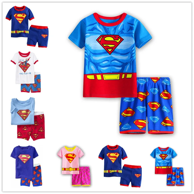 

Baby Pajamas Kids Superman Set Children's Sleepwear Boys Girls Clothes 2019 Summer Short Sleeved Set Top With Pants For Girl