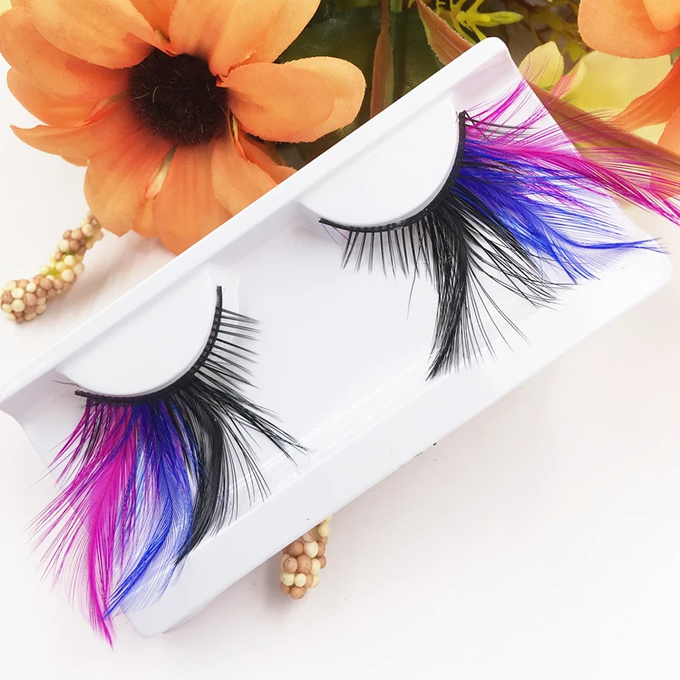 

YOKPN New Exaggerated Color Feather False Eyelashes Handmade Blue Red Cross Thick Long Section Stage Performance Eyelashes