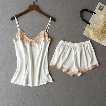 

brand sexy young girls satin & lace pajamas sets summer female thin style padded spaghetti straps tops + short pants hot