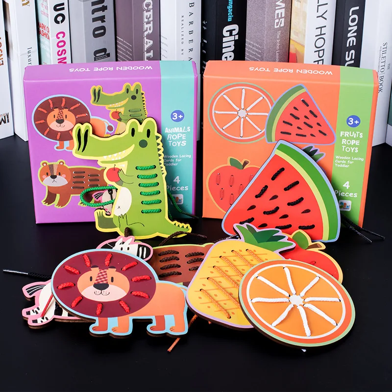 

2019 New Wooden Toys for Children Puzzle Fruit Animal Threading Board Color Shape Matching Game Early Education Toy Game