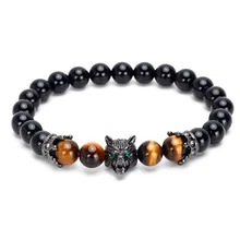 8 мм тигровый глаз натуральный медный волк пара браслет с маленькой короной и шнуром браслет