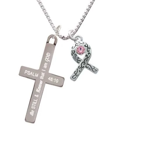 Scroll Ribbon with Pink Crystal - Be Still and Know - Cross Necklace (1)
