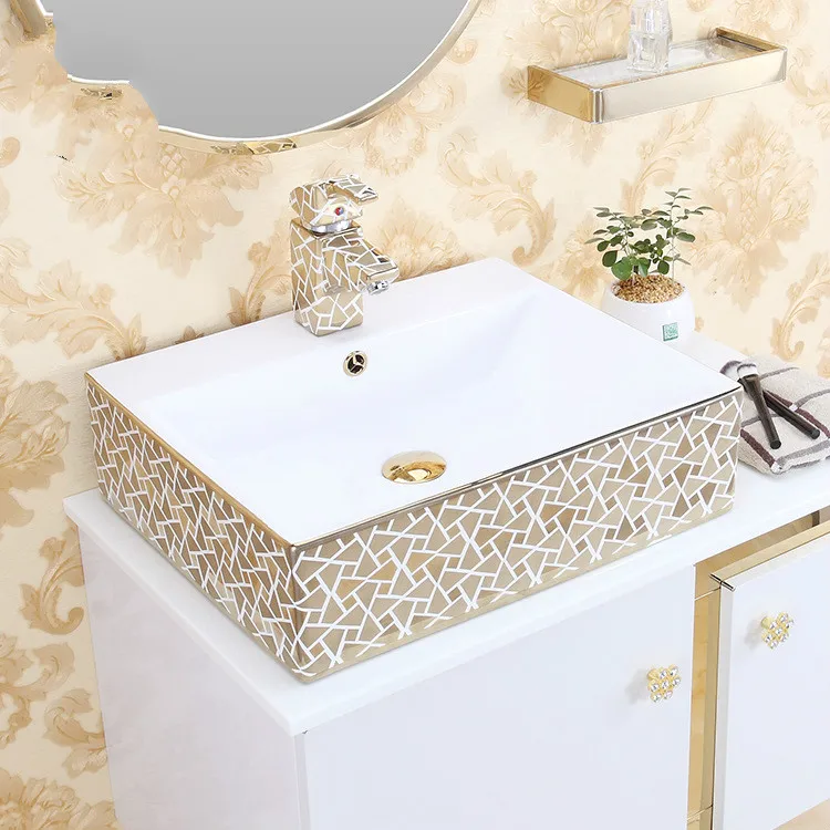 Us 299 0 Vanity Basin Rectangular European Style Balcony Ceramic Gold Wash Basin Sanitary Basin Countertop Ceramic Art Washbasin Bathroom In