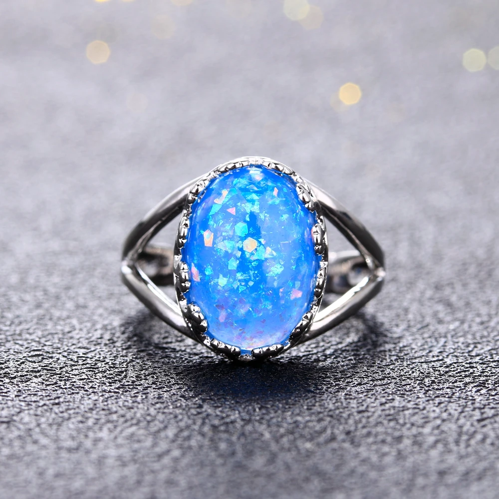Cherryn Jewelry Women Finger Ring T Black Gold Filled Zircon Blue Opal Stone Size 6/7/8/9 Engagement Ring anel RB0272