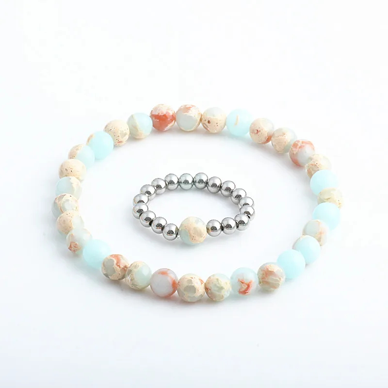 

Again Jewel Bead Bracelets and Rings set for Women Stone Bead Stainless Steel Bead Elastic Bracelet & Ring 2PCS set Women Gift