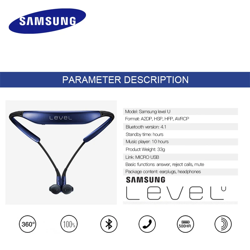 SAMSUNG уровень U беспроводные Bluetooth наушники 4,1 с микрофоном в ухо стерео бас спортивные гарнитуры для/8 плюс Galaxy 8