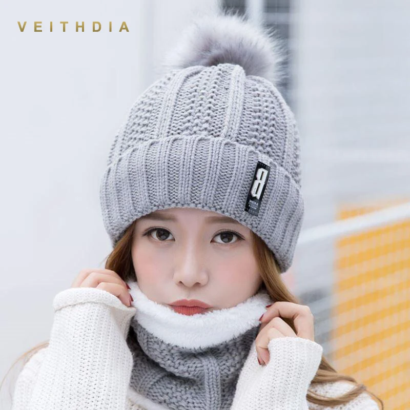 Женская вязаная шапка VEITHDIA модная однотонная теплая с помпонами брендовая