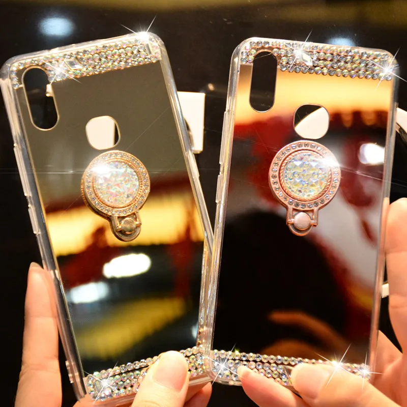 

Rhinestone Glitter Bracket Case For Huawei Y6 Prime 2018 Mirror Ring Holder Phone Case for Huawei Y6 2018 Y7 Y6 Pro 2017 Coque