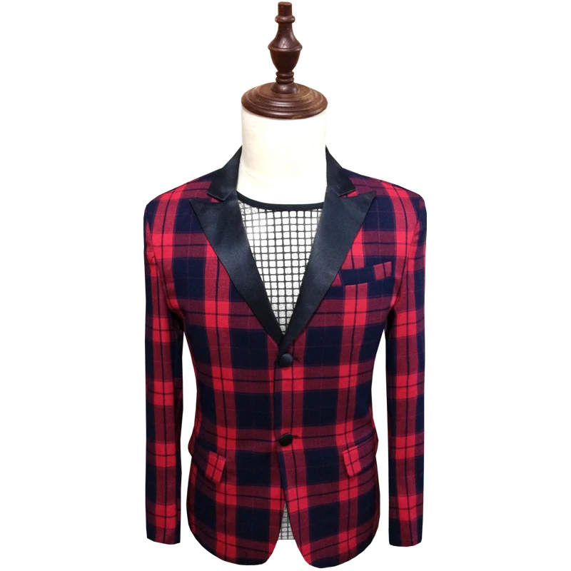 

Vintage Plaid Red Check Blazer 2018 New Retro Check Suit Jacket Shawl Collar Blazer Homme Chaquetas Hombre De Vestir
