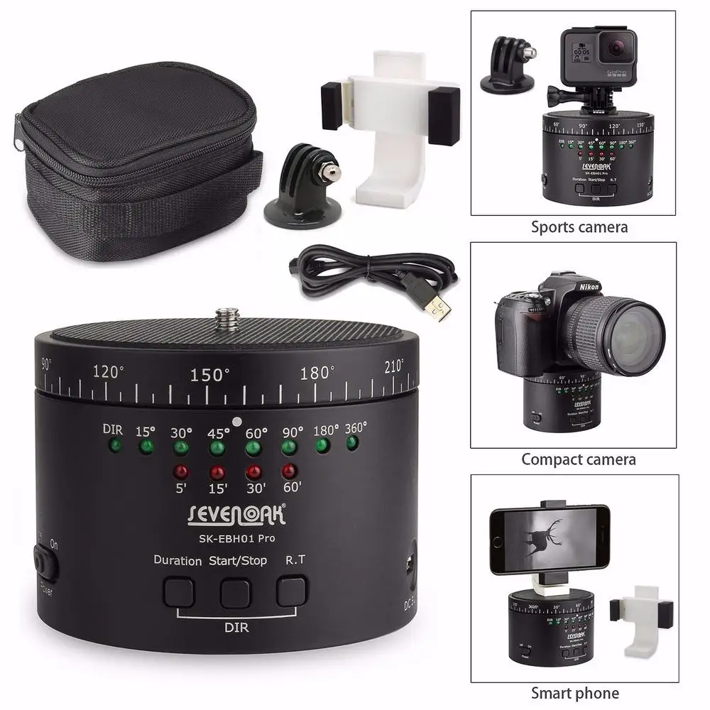 

Sevenoak SK-EBH01 Pro Electronic Time-Lapse Photography Tripod Ball Head Tripod Mount for Gopro + Bracket Adapter Clip