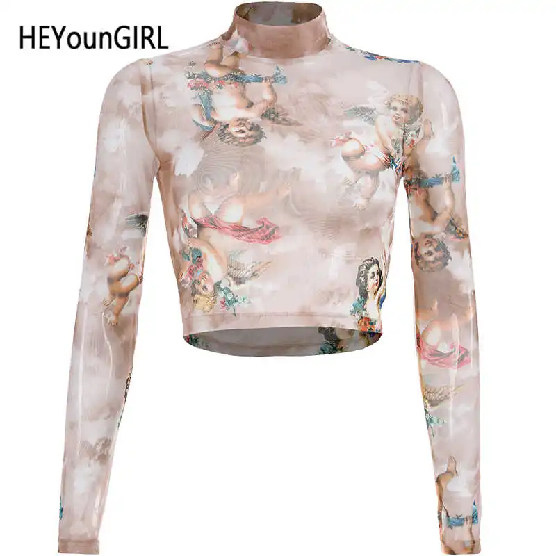 HEYounGIRL, Прозрачные топы с длинным рукавом, футболки, водолазка, сексуальная Сетчатая футболка для женщин, принт, Прозрачная Футболка, Женская Весенняя - Цвет: Хаки