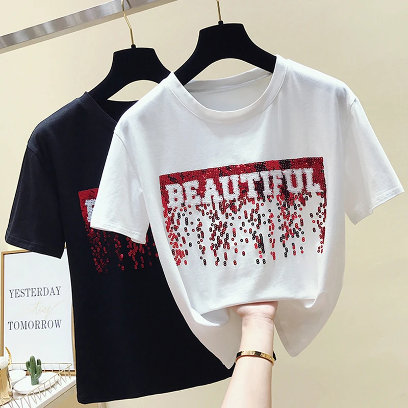 

gkfnmt Summer Top Cotton White T shirt Women Tops Vintage Female T-shirt Short Sleeve Sequin Black Tee Shirt Femme New 2019