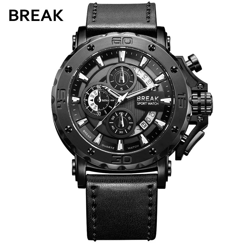 BREAK мужские часы Топ люксовый бренд водонепроницаемые спортивные наручные часы с хронографом кварцевые военные из натуральной кожи Relogio Masculino