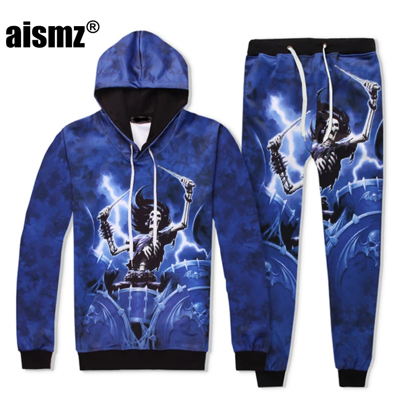 

Aismz 2018 Spring Autumn Winter Men Casual Hip Hop Tracksuit 3D Print Skull Hooded Hoodies+Pants Sweatshirt 2 Pieces Track suit