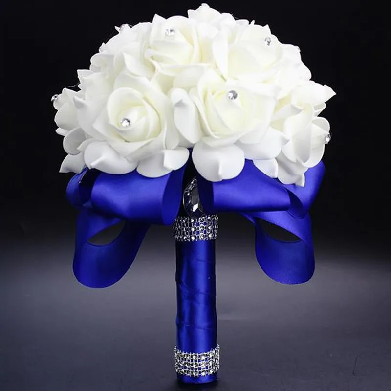 2017 Elegant Royal Blue Purple Red Fuchsia Rose Artificial Bridal 2017 Elegant Royal Blue Purple Red Fuchsia Rose Artificial Bridal Flowers Bride Bouquet Wedding Crystal Silk Ribbon In Bouquets From
