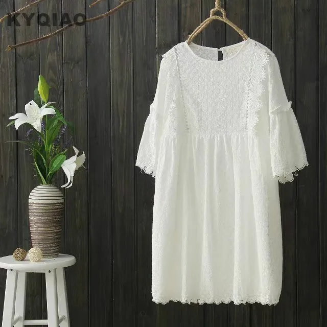 KYQIAO Лолита белое кружевное платье Мори девушки Осень Лето Япония стиль сладкий свежий О-образным вырезом Половина рукава Кружева вышитые платье