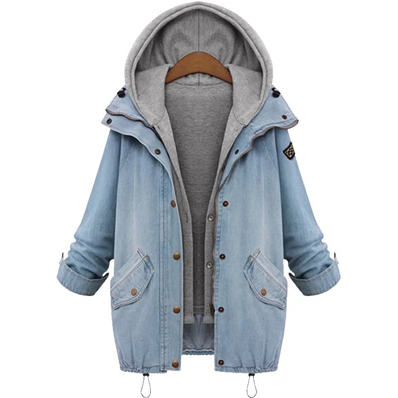

Women Loose Demin Cardigan Jacket Liner 2 Piece Suits Female Autumn Winter Warm Hooded Cowboy Jeans Coat Tops Lining Two Pcs Set