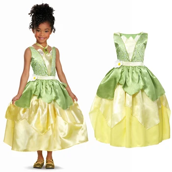 

Summer Tianna Fancy Dress Girl Princess and The Frog Costume Children Floral Green Gown Kids Halloween Parth Fancy Cosplay Dress