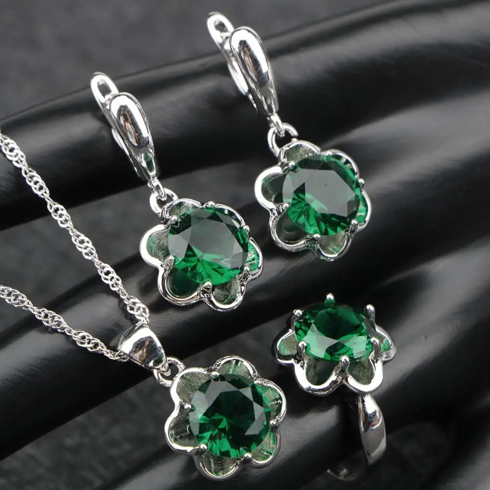 ONOFYU Серебро 925 Ювелирные наборы для женщин высокое качество камни морской синий CZ ожерелье кулон серьги кольца подарочная коробка - Окраска металла: Green