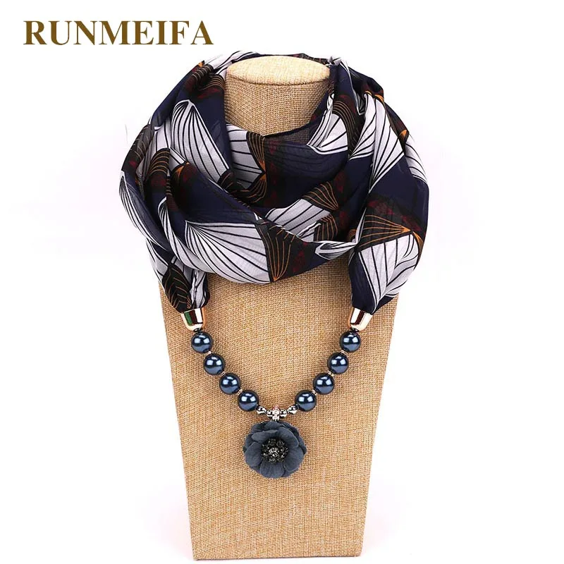 

RUNMEIFA Decorative Scarf Printed Chiffon Necklace With Pendant String of Pearl Women Head Scarves Muslim Hijab Scarf