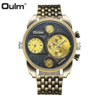 

OULM Military Golden Quartz Watch Men Stainless Steel Strap 2 Time Zones Top Brand Luxury Mens Watches Oversize Unique Design